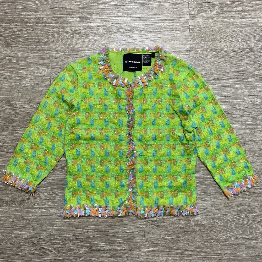 Michael Simon New York Y2K Tulle Confetti Cardigan Sweater Women's L Green 2004